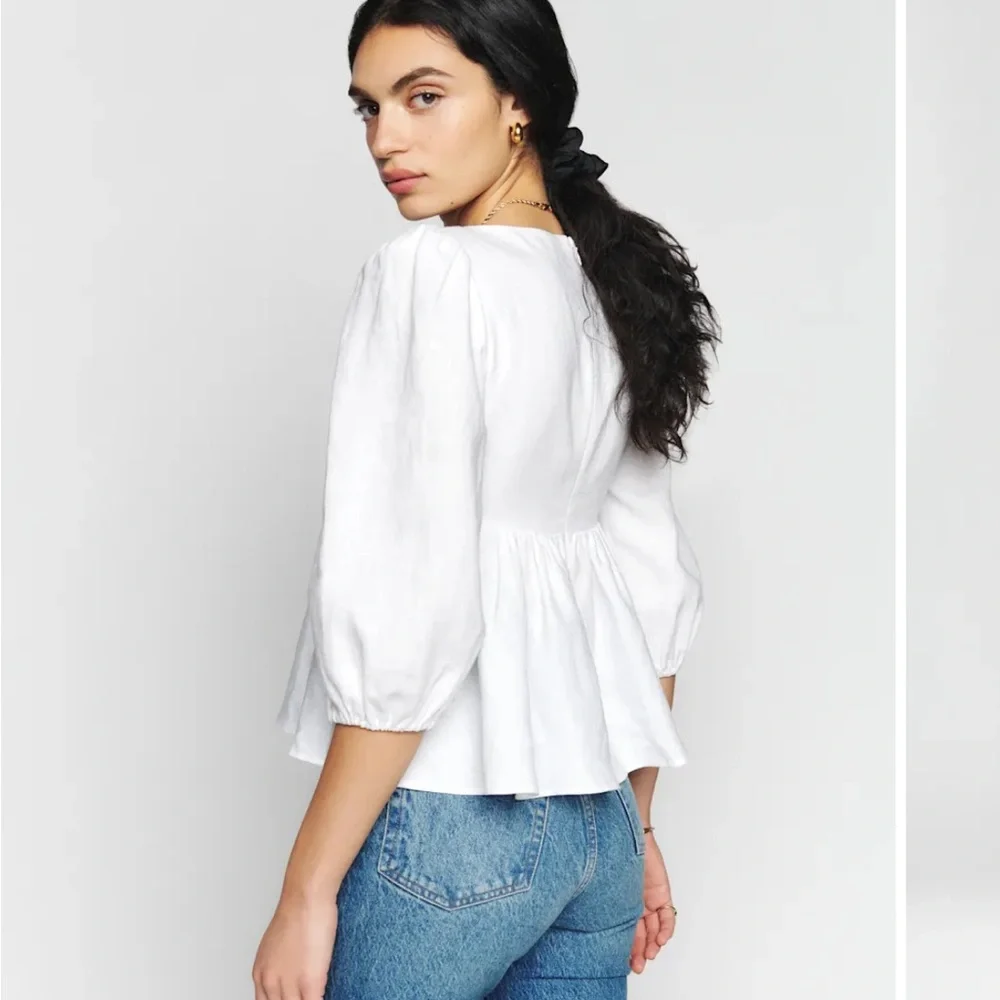 Reformation Abigail Linen White Puff Sleeve Blouse